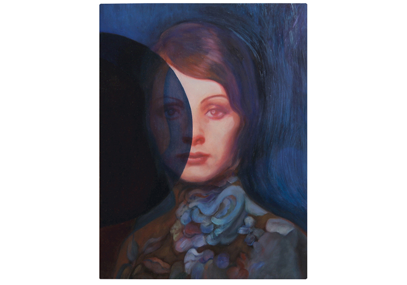 oil painting on wood, woman, somber colours